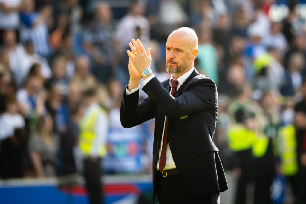 Manager Erik ten Hag of Manchester United applauds the fans after the Premier League match between Brighton & Hove Albion and Manchester United...