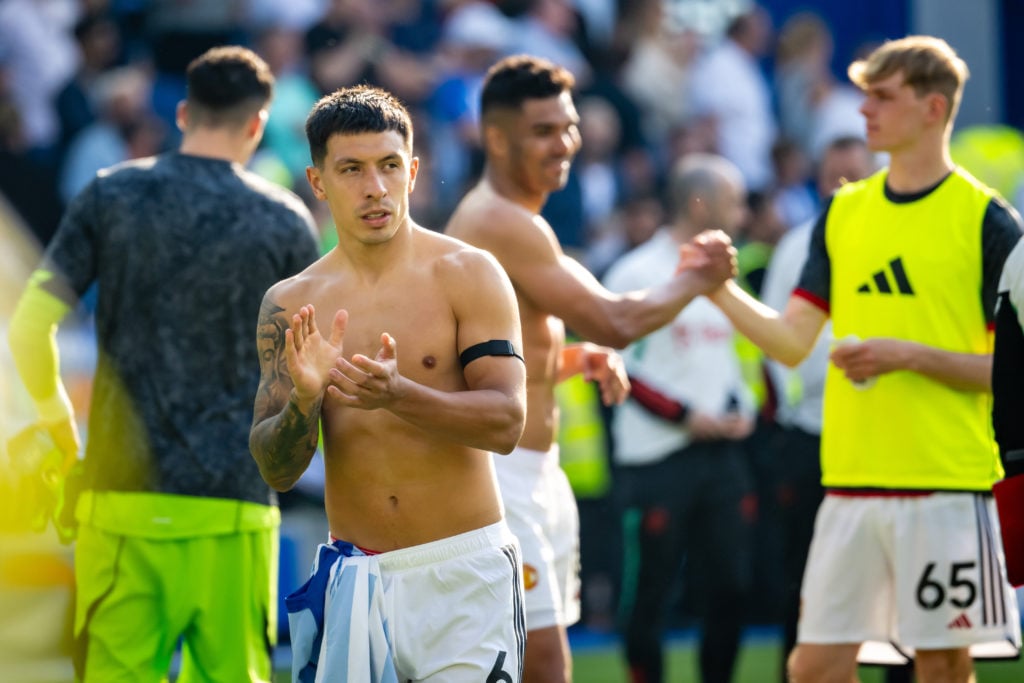 Lisandro Martinez of Manchester United applaud the fans after the Premier League match between Brighton & Hove Albion and Manchester United at ...