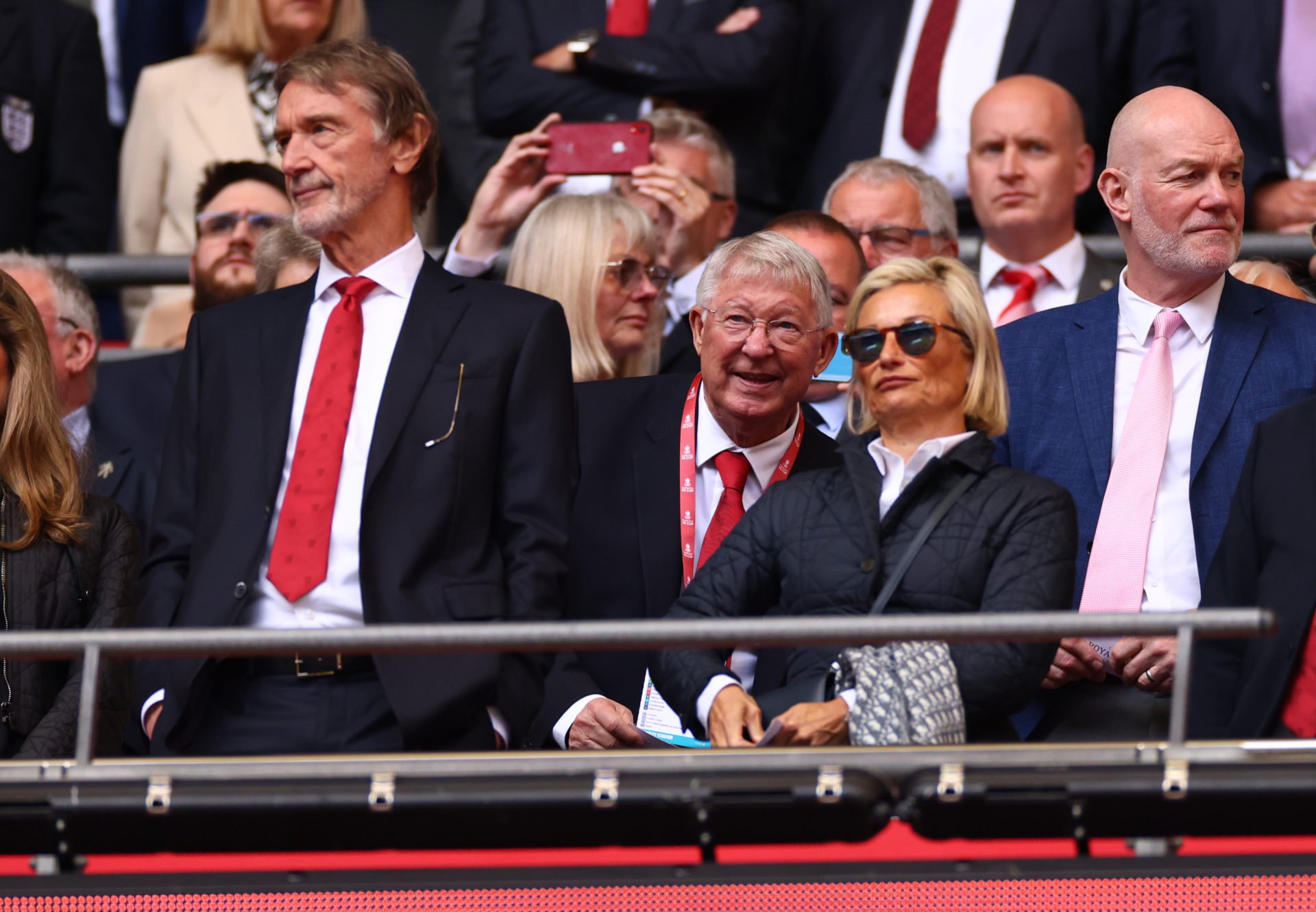 Sir Alex Ferguson and Sir Jim Ratcliffe react in the stands as ...