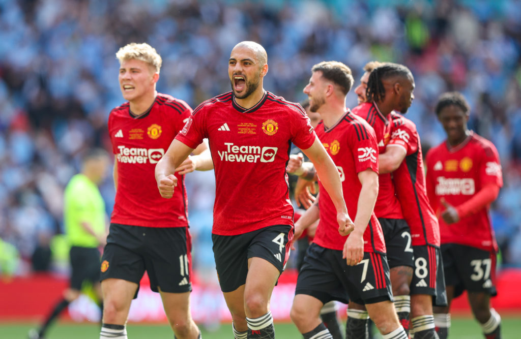 Manchester United's Sofyan Amrabat celebrates after the Emirates FA Cup Final match between Manchester City and Manchester United at Wembley Stadium...