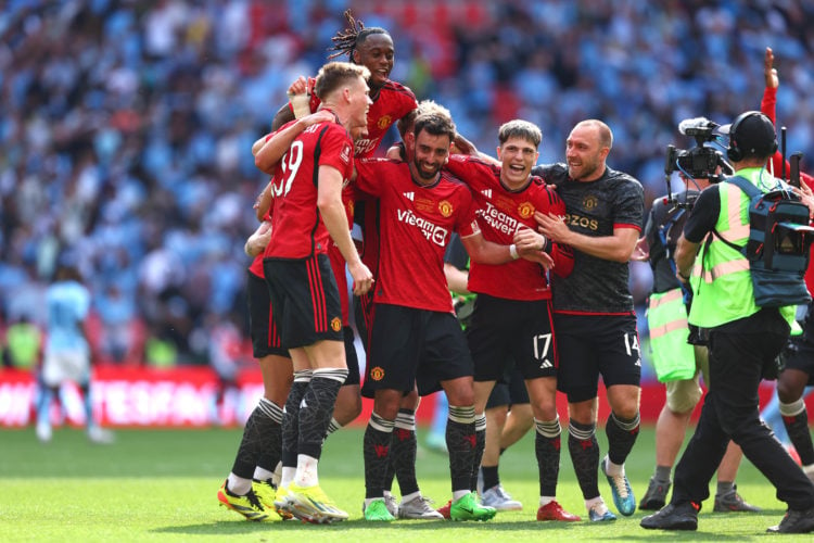 Aaron Wan-Bissaka, Bruno Fernandes, Alejandro Garnacho and Christian Eriksen of Manchester United celebrate their victory during the Emirates FA Cu...