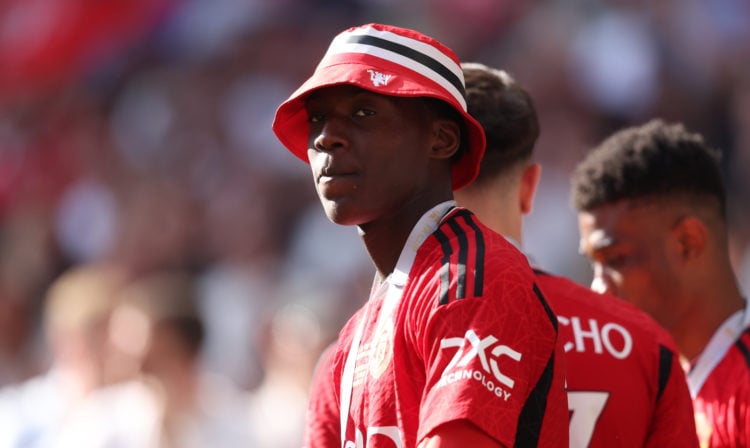 Kobbie Mainoo of Manchester United after winning the Emirates FA Cup Final match between Manchester City and Manchester United at Wembley Stadium o...