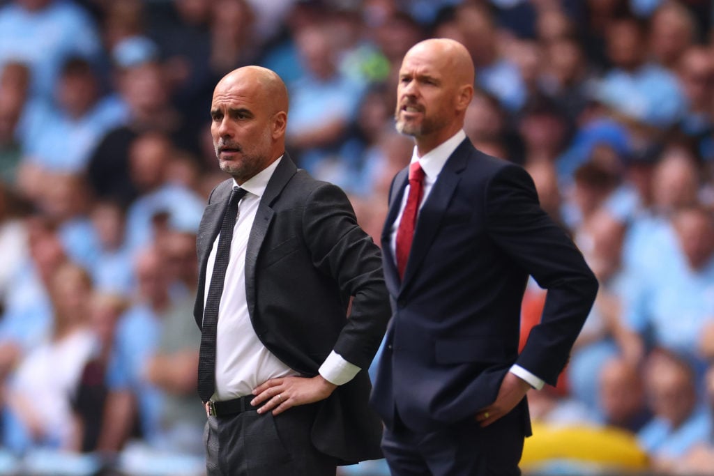 Pep Guardiola manager of Manchester City alongside Erik ten Hag Manager/Head Coach of Manchester United during the Emirates FA Cup Final match betw...