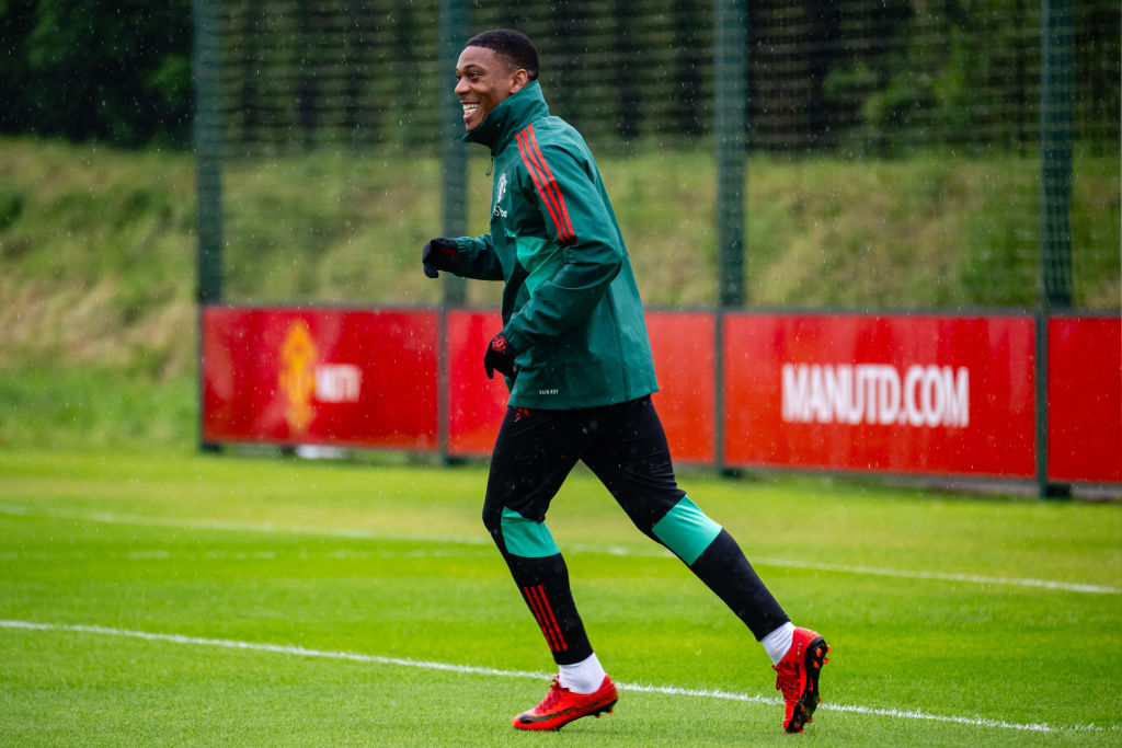 Manchester United's Anthony Martial in action during a first team training session at the Carrington Training Ground on May 22, 2024 in Manchester, En...