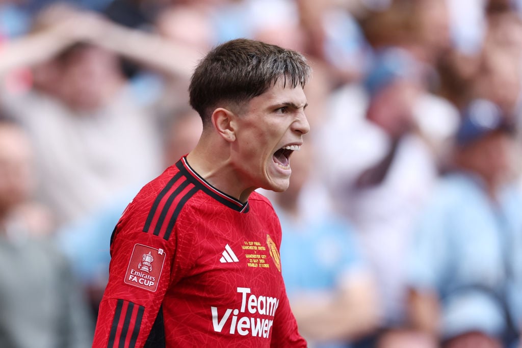 Alejandro Garnacho of Manchester United celebrates scoring his team's first goal during the Emirates FA Cup Final match between Manchester City and...