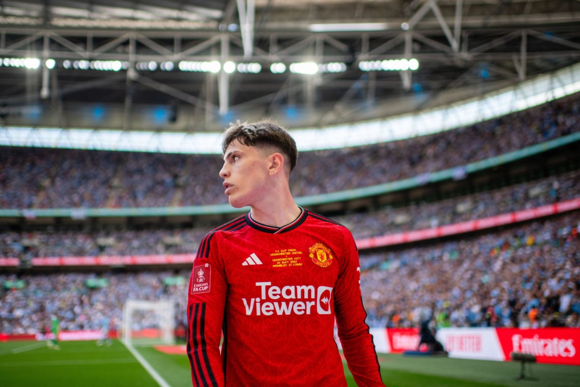 Alejandro Garnacho of Manchester United celebrates scoring their first goal during the Emirates FA Cup Final match between Manchester City and Manc...