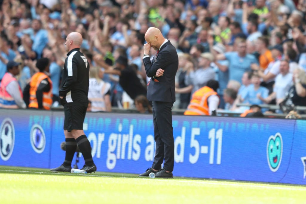 Head Coach Erik ten Hag of Manchester United reacts after Jérémy Doku of Manchester City scores a goal to make it 2-1 during the Emirates FA Cup Fi...