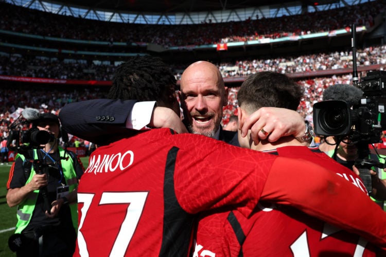 Erik ten Hag, Manager of Manchester United, celebrates with Kobbie Mainoo and Alejandro Garnacho of Manchester United after the team's victory in t...