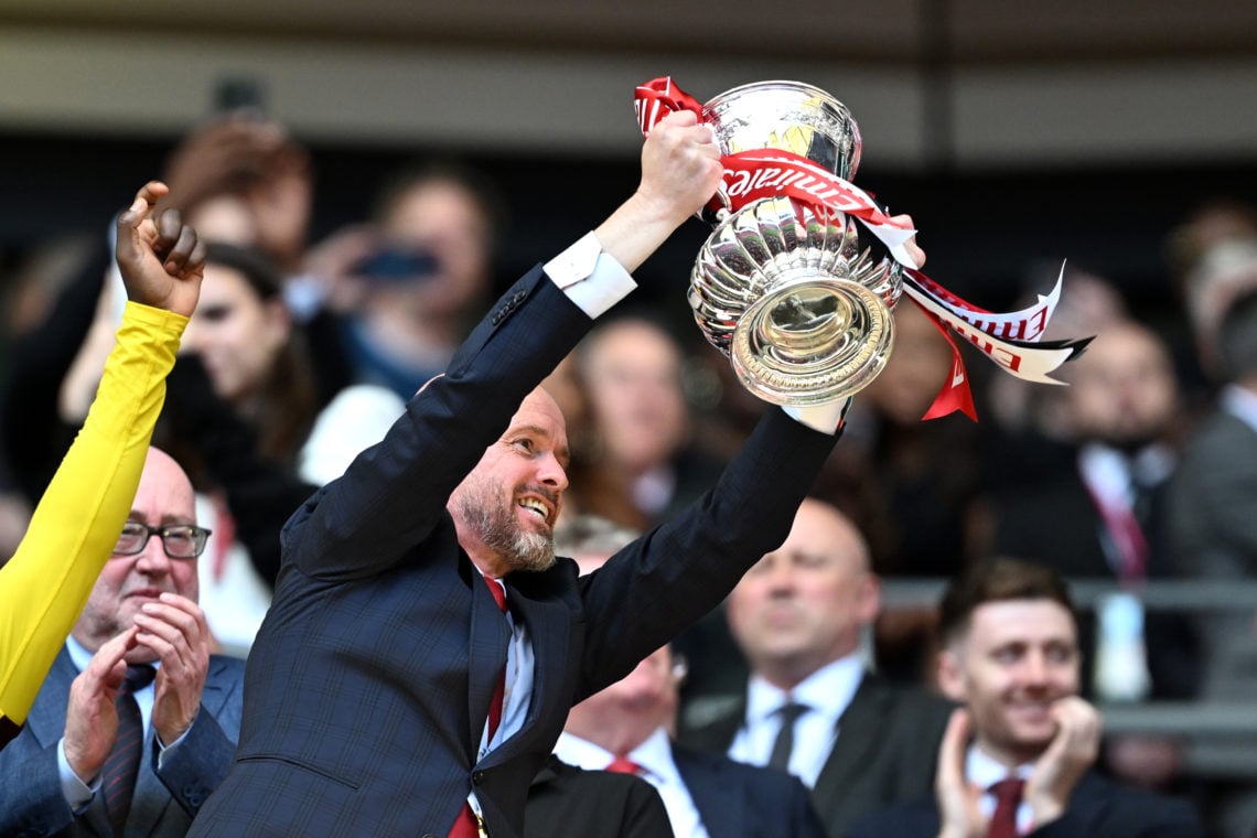 Erik ten Hag, Manager of Manchester United, lifts the Emirates FA Cup Trophy after his team's victory after the Emirates FA Cup Final match between...