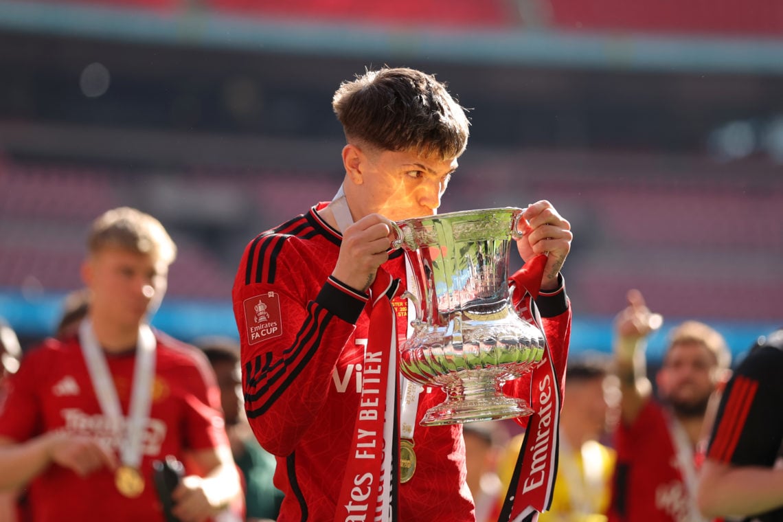 Alejandro Garnacho of Manchester United kisses the Emirates FA Cup Trophy after his team's victory in the Emirates FA Cup Final match between Manch...