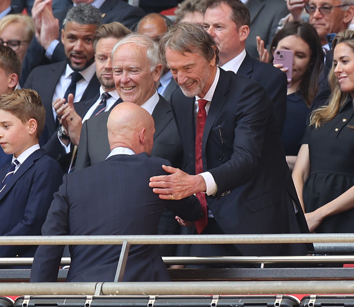 Manager Erik ten Hag of Manchester United is congratulated by Sir Jim Ratcliffe after the Emirates FA Cup Final match between Manchester City and M...