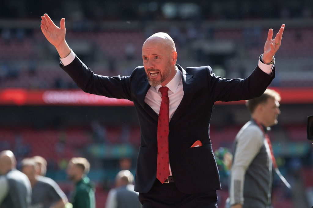 Manchester United Erik ten Hag celebrates after winning the Emirates FA Cup Final match between Manchester City and Manchester United at Wembley St...