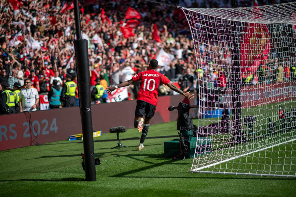 Marcus Rashford of Manchester United celebrates winning the Emirates FA Cup Final match between Manchester City and Manchester United at Wembley St...