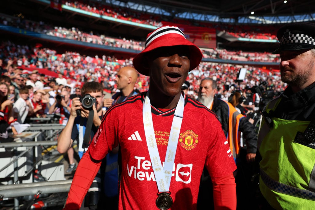 Kobbie Mainoo of Manchester United celebrates after the Emirates FA Cup Final match between Manchester City and Manchester United at Wembley Stadiu...