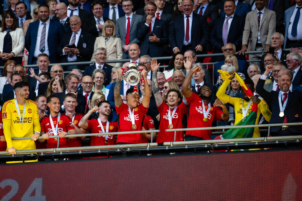 Manchester United players lift the Emirates FA Cup trophy after winning the Emirates FA Cup Final match between Manchester City and Manchester Unit...