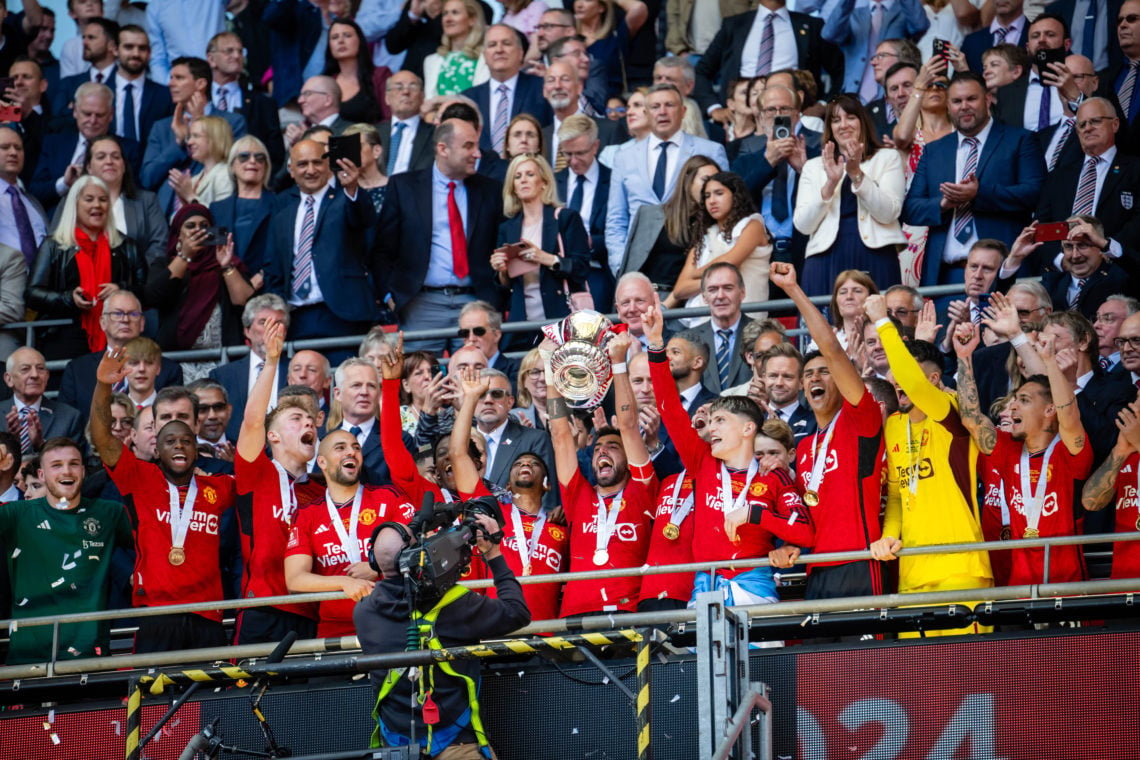 Manchester United players lift the Emirates FA Cup trophy after winning the Emirates FA Cup Final match between Manchester City and Manchester Unit...