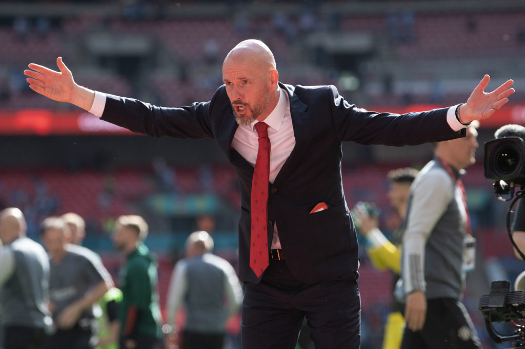 Manchester United Erik ten Hag celebrates after winning the Emirates FA Cup Final match between Manchester City and Manchester United at Wembley St...