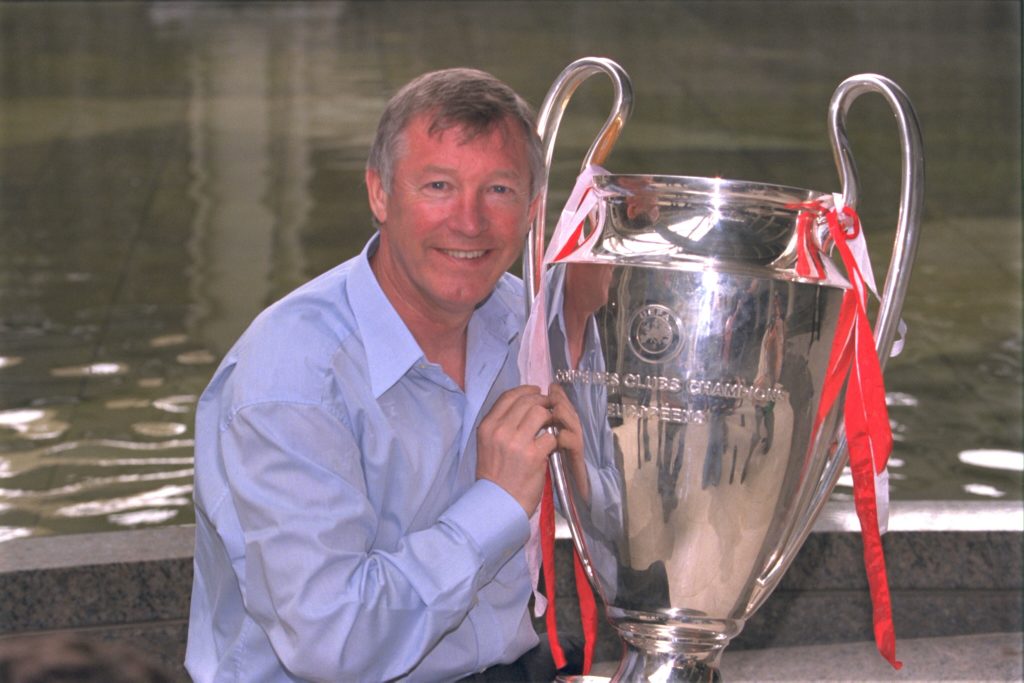 Sir Alex Ferguson with the European Cup the morning after the victory in the UEFA Champions League Final between Bayern Munich v Manchester United ...