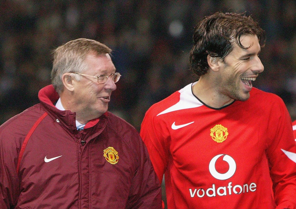 Manager Sir Alex Ferguson and Ruud van Nistelrooy of Manchester United share a joke prior to kick off, of the UEFA Champions League match between M...