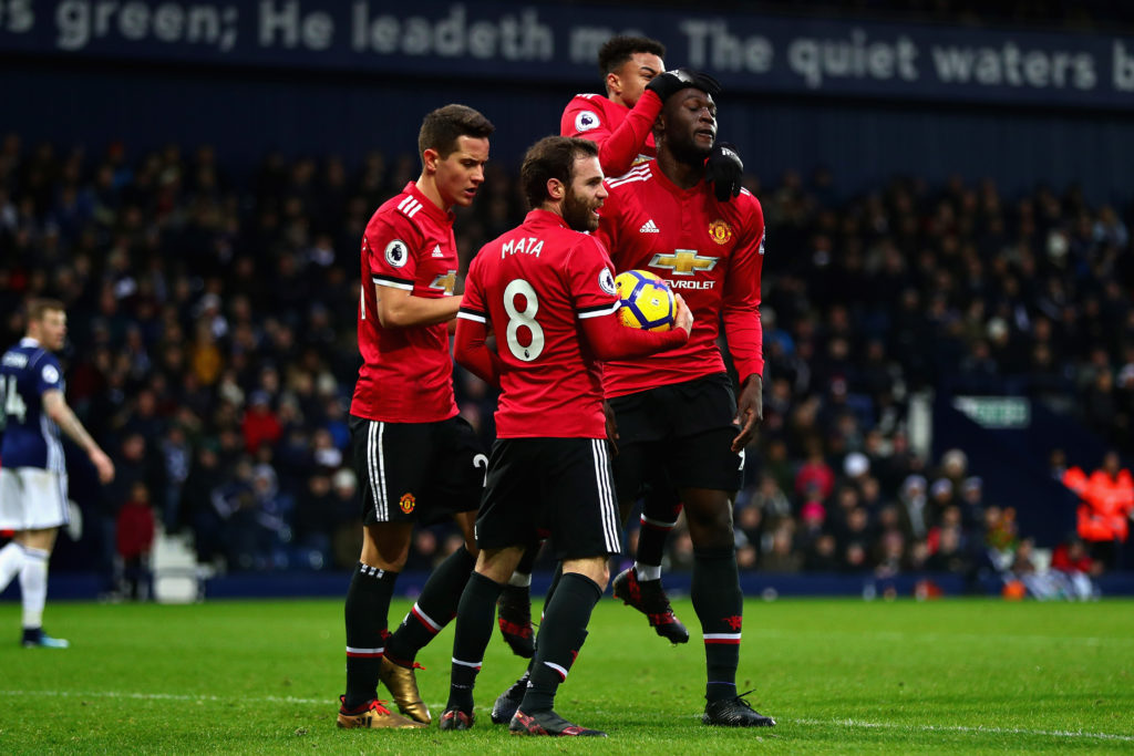 Opening goalscorer Romelu Lukaku of Manchester United celebrates with teammates Juan Mata, Jesse Lingard and Ander Herrera during the Premier Leagu...