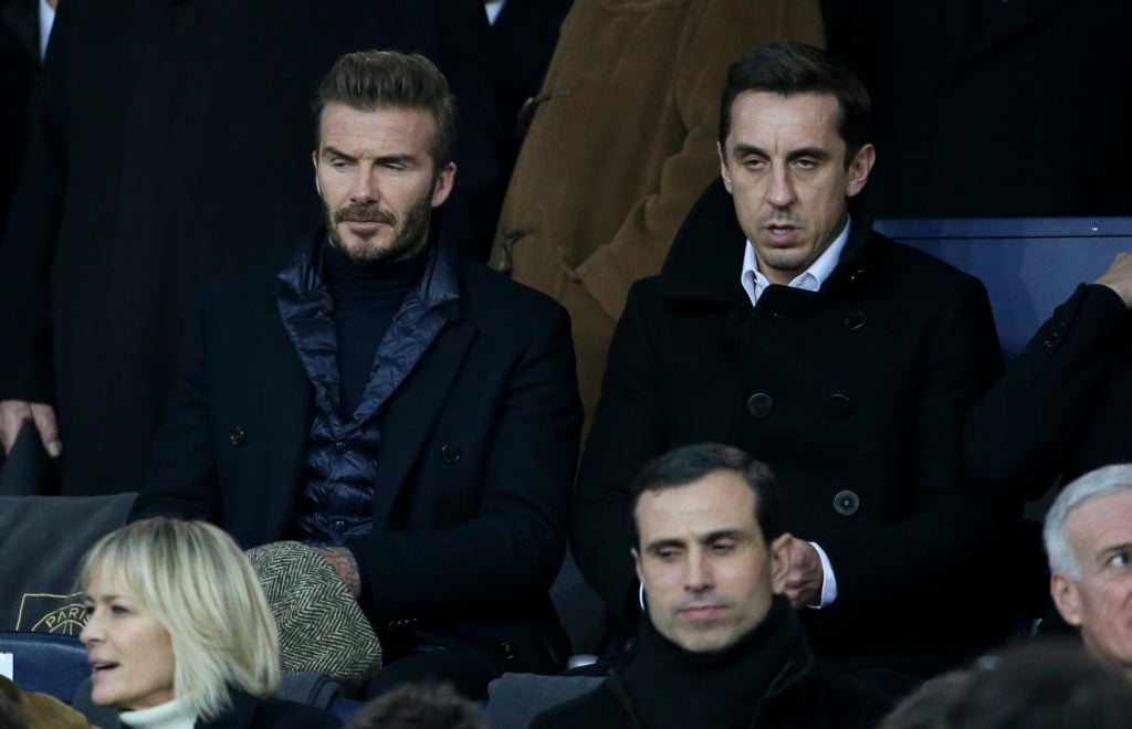 David Beckham, Gary Neville attend the UEFA Champions League Round of 16 Second Leg match between Paris Saint-Germain (PSG) and Real Madrid at Parc...