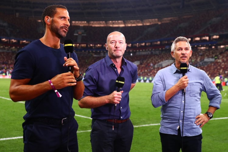 (l-r) Rio Ferdinand, Alan Shearer and Gary Lineker look on following the 2018 FIFA World Cup Russia Semi Final match between England and Croatia at...