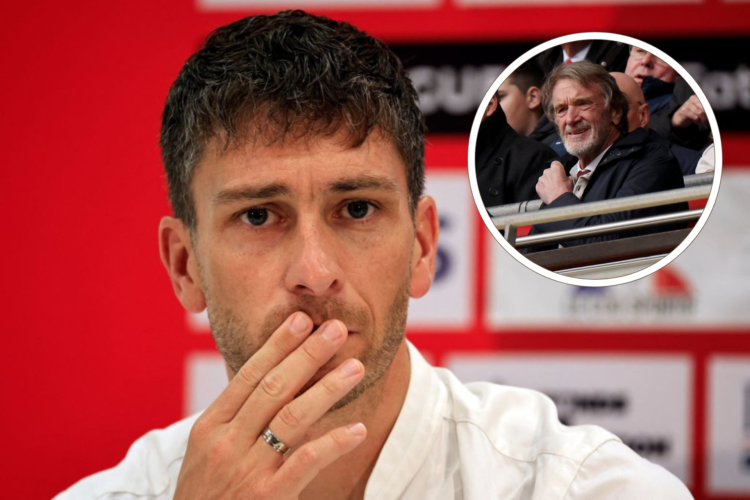Florent Ghisolfi at OGC Nice press conference, inset Sir Jim Ratcliffe in the stands, not looking happy