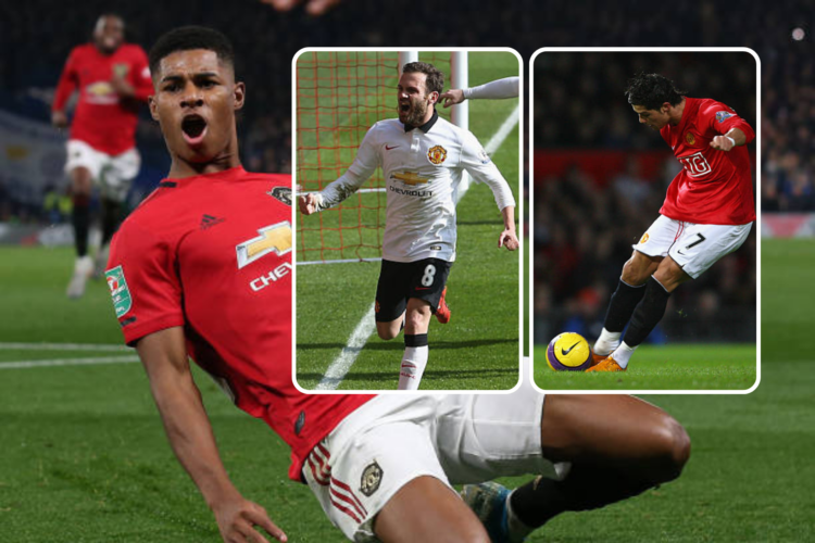 Marcus Rashford celebrates scoring at Stamford Bridge, 2020, inset, Juan Mata scores at Anfield, 2015, and Cristiano Ronaldo scores free-kick v Por...