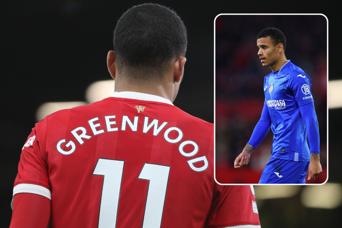 Mason Greenwood playing for Manchester United, wearing number 11 shirt. Inset, playing for Getafe