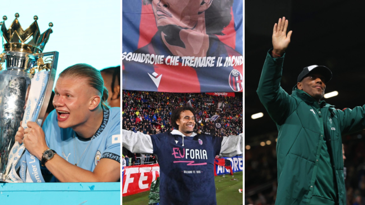 Left, Erling Haaland celebrates winning the Premier League, middle, Joshua Zirkzee holds up banner during Bologna's European celebrations, right, A...