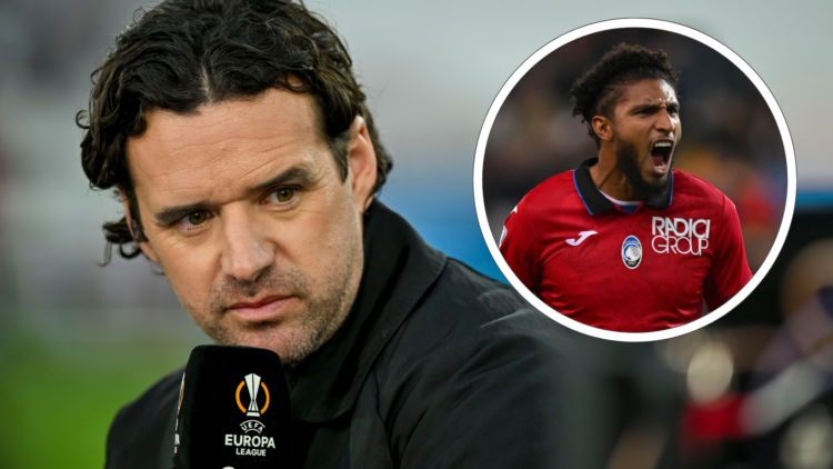 Owen Hargreaves speaks to the microphone at the Europa League final. Inset, Ederson playing for Atalanta