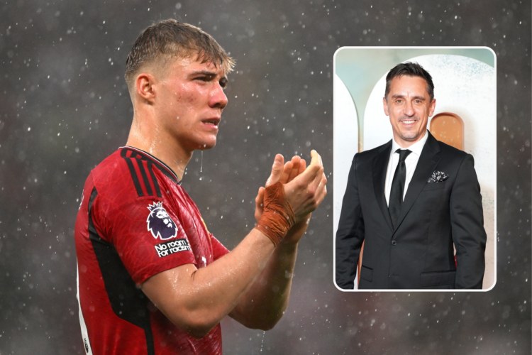 Rasmus Hojlund applauds fans in the rain. Inset, Gary Neville in black suit and tie