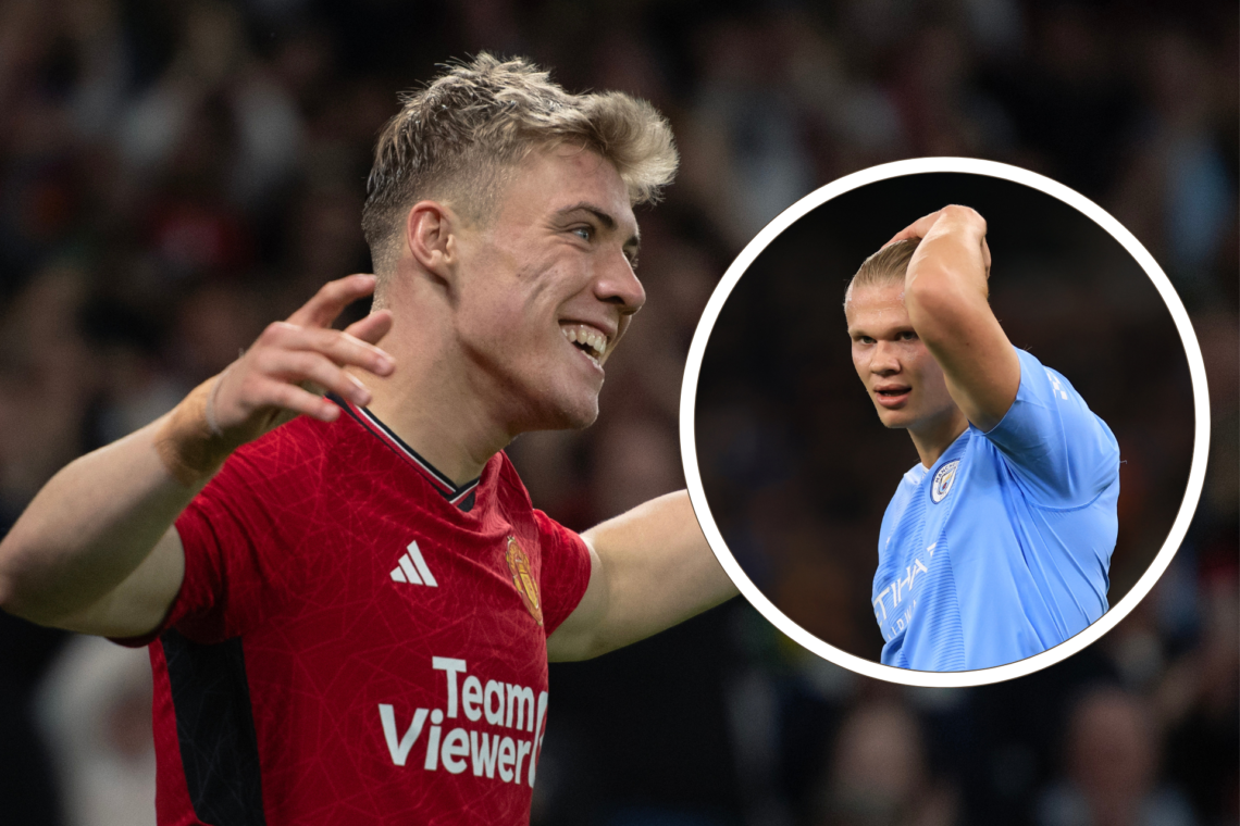 Rasmus Hojlund celebrates - Inset, Erling Haaland has his hand on his head