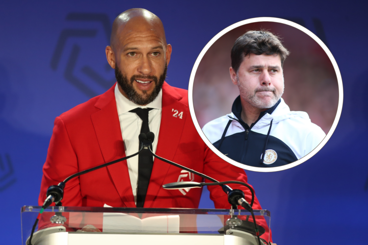 Tim Howard speaks at an awards ceremony, inset Chelsea boss Mauricio Pochettino