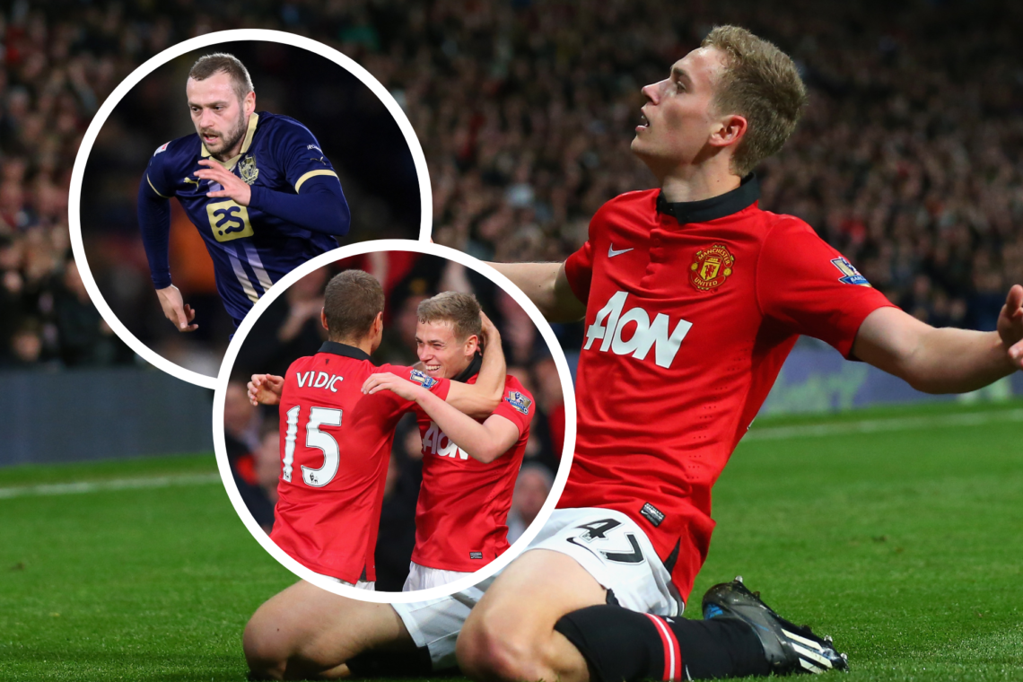 James Wilson celebrates scoring for Manchester United v Hull in 2014, inset, celebrating with Nemanja Vidic, inset, and in action for Port Vale