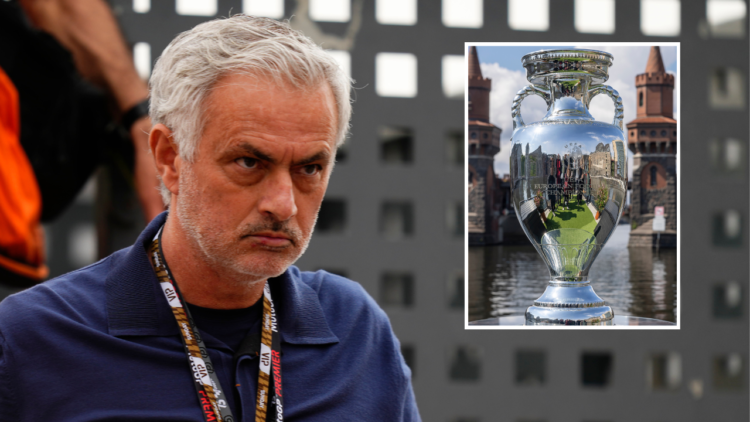 Former Manchester United manager Jose Mourinho at the Grande Premio Tissot de Portugal, including an overlay image of the Henri Delaunay Cup that w...