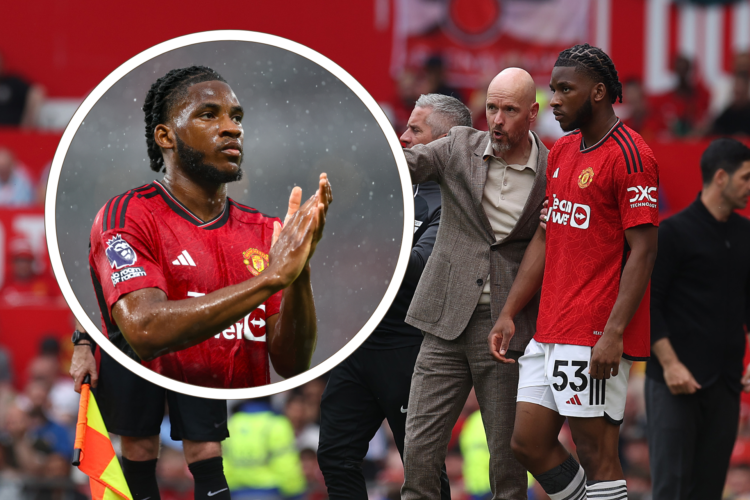 Willy Kambwala comes on as substitute v Arsenal, inset, Kambwala applauds fans