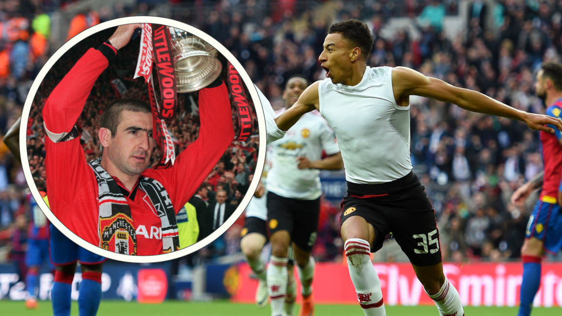 Jesse Lingard celebrates FA Cup final winner in 2016, inset Eric Cantona holds FA Cup above his head in 1996