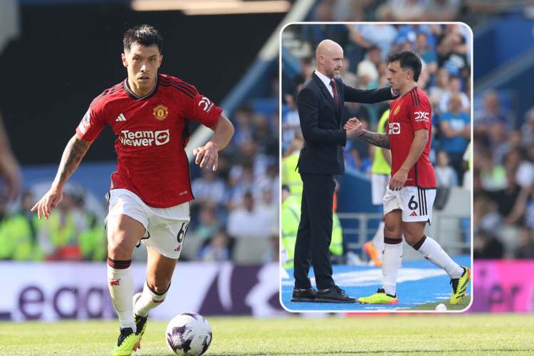 Lisandro Martinez dribbles the ball in possession. Inset, Martinez substituted off, greets Erik ten Hag