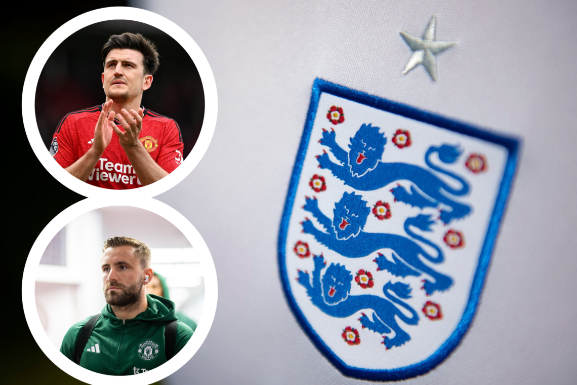 England crest, inset Harry Maguire clapping, inset Luke Shaw pre match arriving at Kenilworth Road looking ahead.