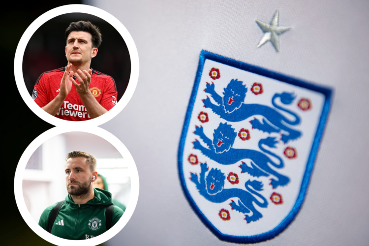 England crest, inset Harry Maguire clapping, inset Luke Shaw pre match arriving at Kenilworth Road looking ahead.