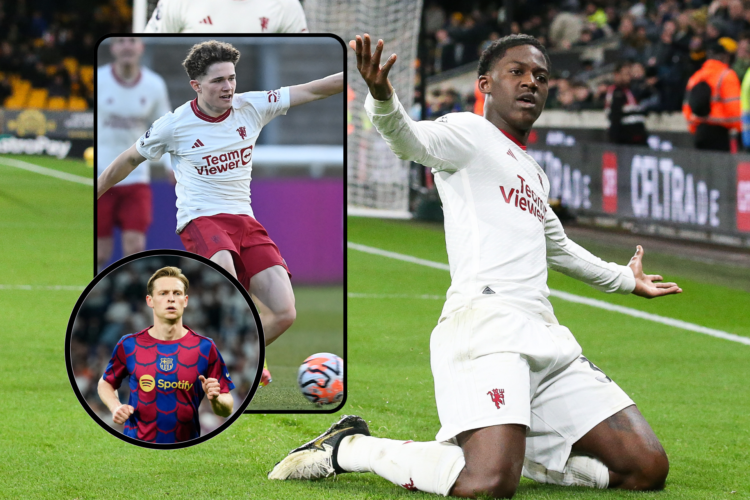 Kobbie Mainoo celebrates scoring a goal. Inset, Frenkie de Jong, inset, Jacob Devaney in action