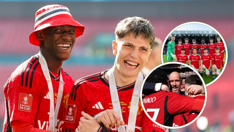 Kobbie Mainoo and Alejandro Garnacho grin after winning 2024 FA Cup, inset, Ten Hag hugs Garnacho and Mainoo, inset, line-up for Man Utd's 2022 FA ...