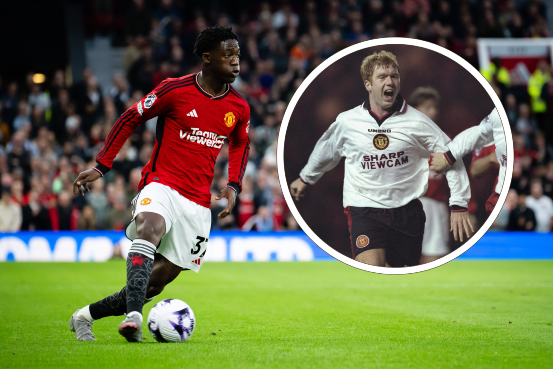 Kobbie Mainoo in action for Manchester United 2024 / Paul Scholes celebrated scoring in 1996