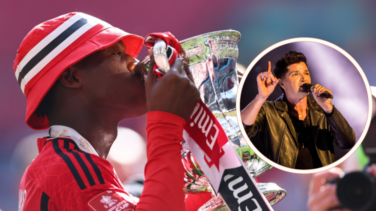 Kobbie Mainoo kisses the FA Cup. Inset, The Script perform