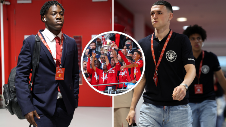 Kobbie Mainoo arrives at FA Cup final 2024 wearing suit, Phil Foden in jeans and T-shirt, inset, United players lift trophy