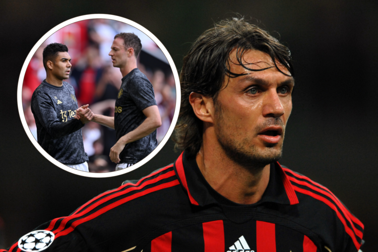 Paolo Maldini at AC Milan as a player. Inset, Jonny Evans and Casemiro warm up for Manchester United