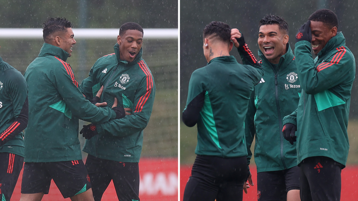 Casemiro jokes with Anthony Martial in training (left) Antony, Casemiro and Anthony Martial joke around (right)