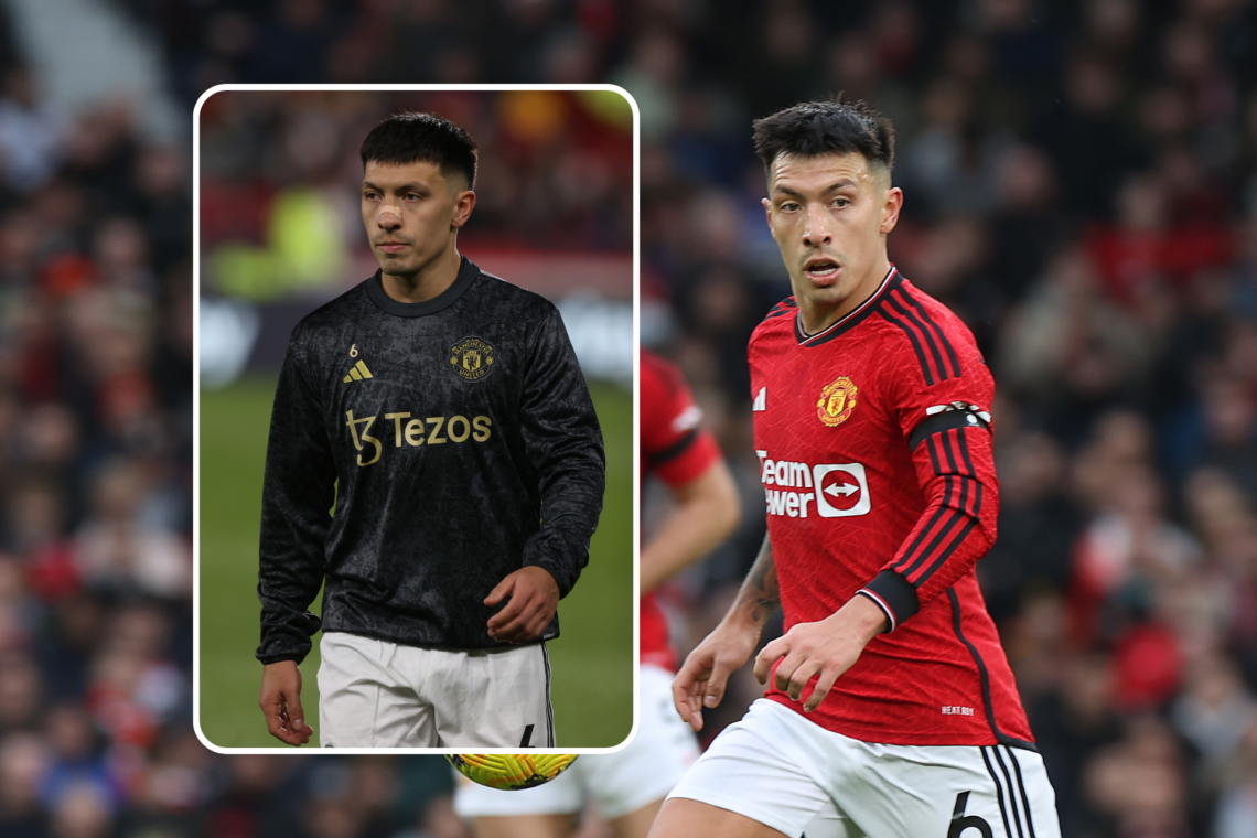 Lisandro Martinez in action for Manchester United, and inset, Martinez warming up