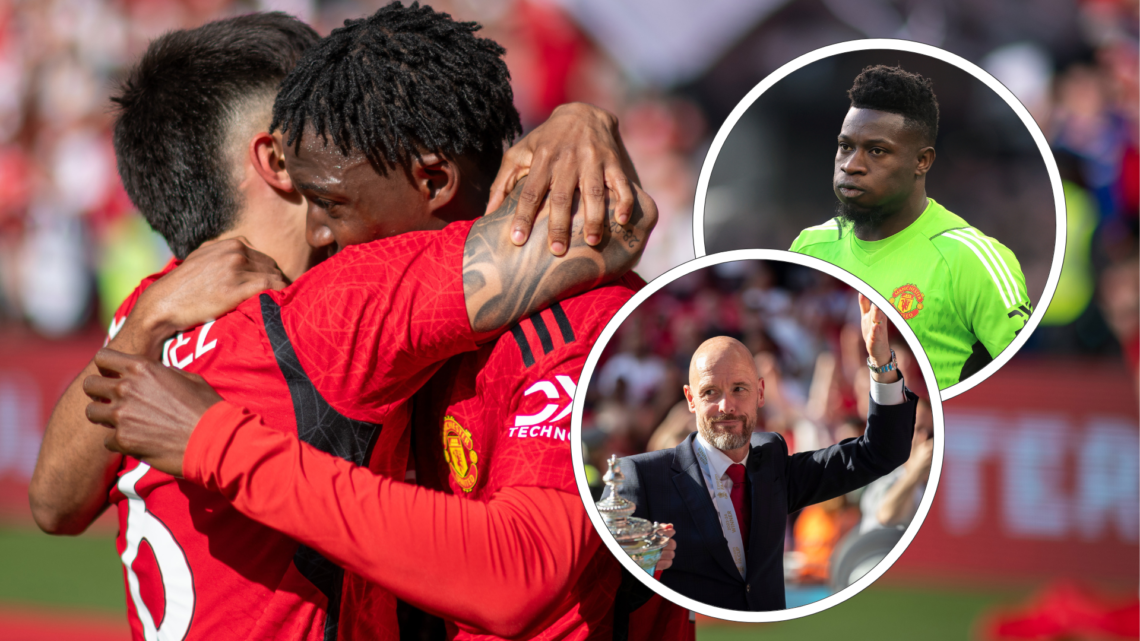 Lisandro Martinez hugs Kobbie Mainoo. Inset, Andre Onana puffs his cheeks, Erik ten Hag raises his arm in celebration